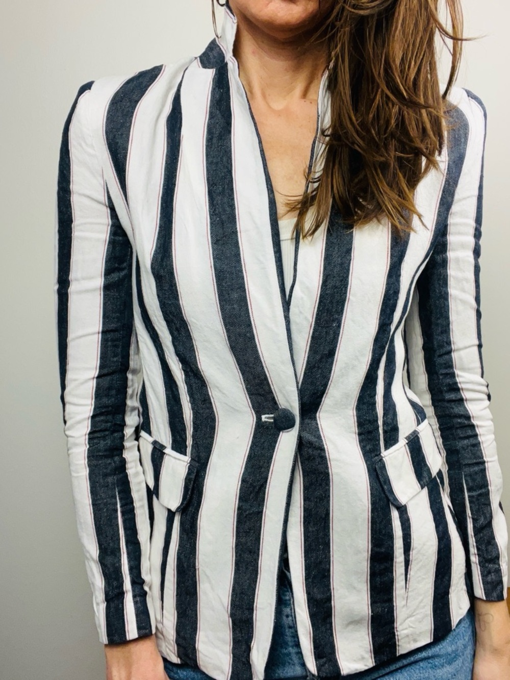 FRAME Striped Linen Blazer – Navy, White & Red Accent – Size 4
